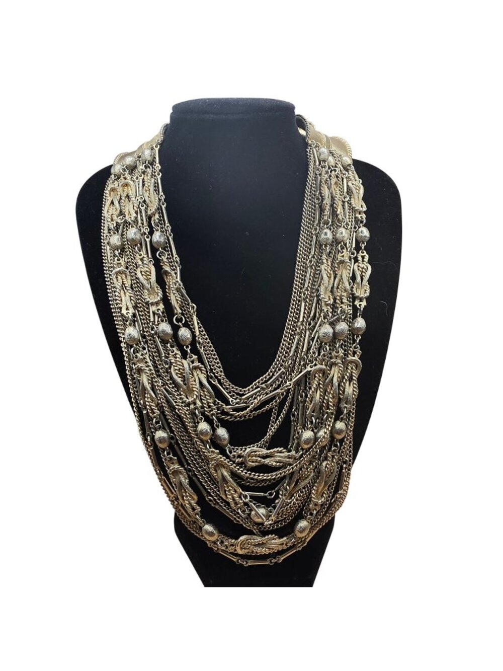 Silver Tone Multi Strand Chain Bib Statement Necklace 18" Vintage Mob Wife